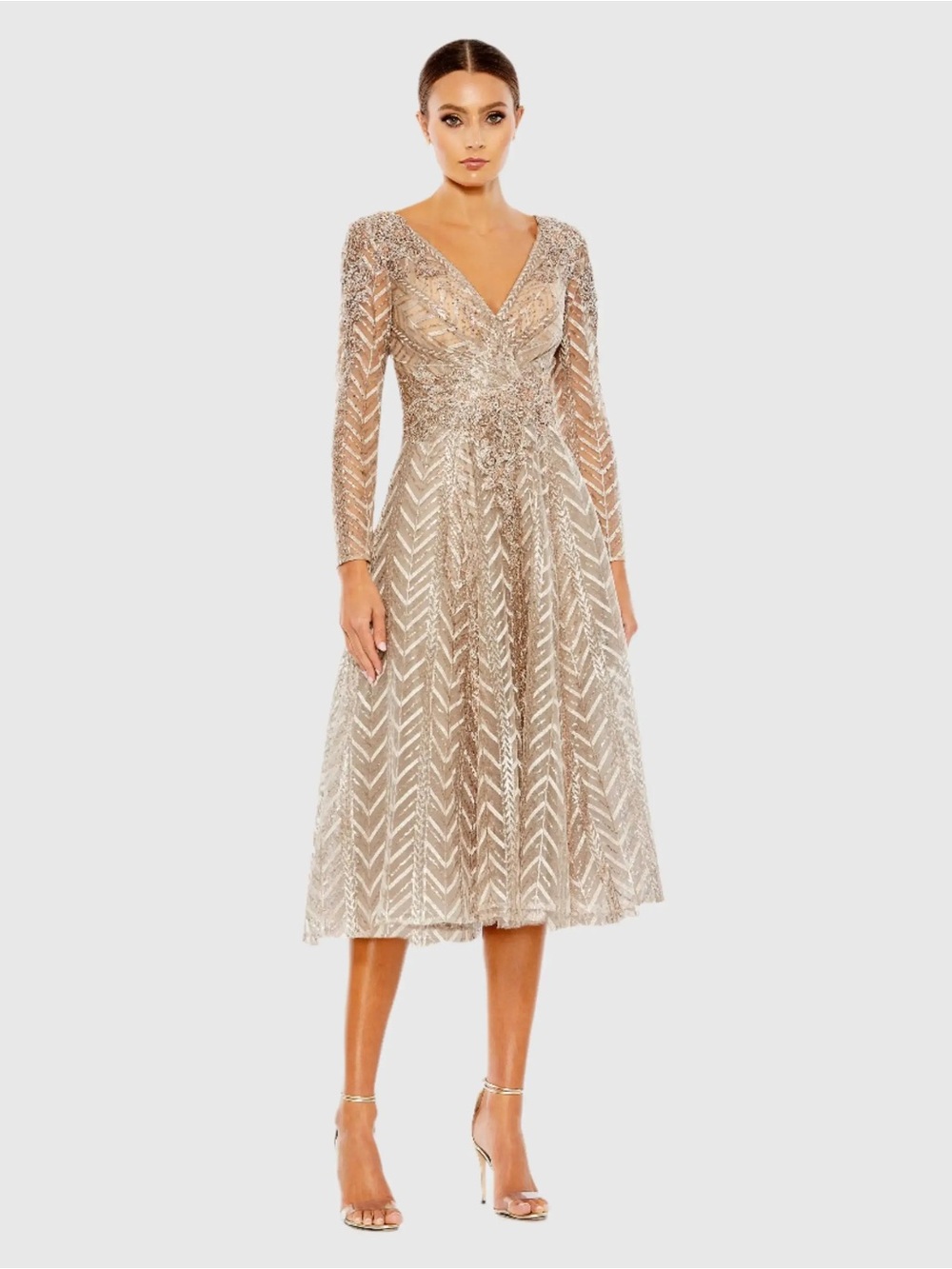Mac Duggal Taupe Sequin Embellished Long Sleeve Wrap Dress Size 20